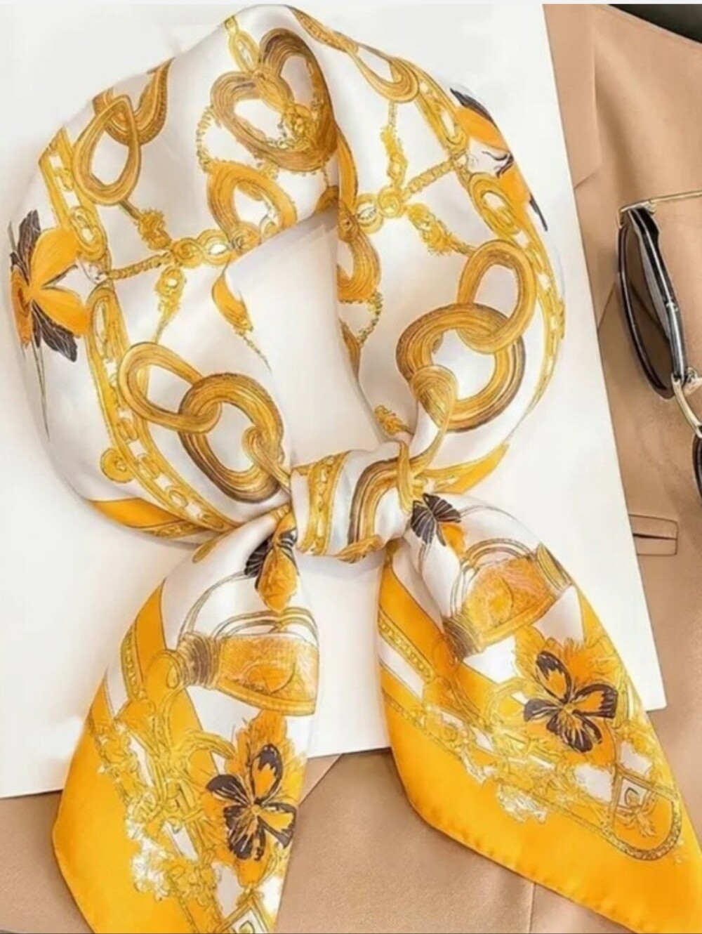Silk-feel Yellow and White Printed Scarf - Head & Neck Scarf